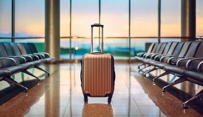 Gold suitcase in airport terminal, travel concept