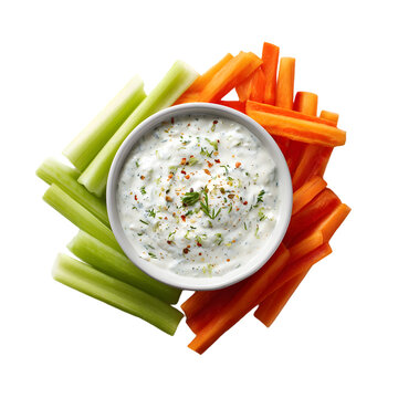 A top view of a bowl of dip surrounded by celery sticks and carrot sticks on a black background on transparent background