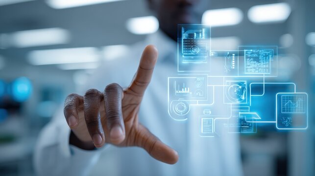 Man Interacting with Digital Interface, Conceptualizing Technology, Science, and Data Analysis in a Modern Environment