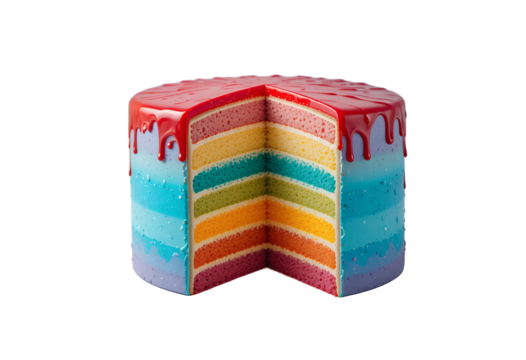 Vibrantly layered rainbow cake with glossy red icing dripping on top showcasing colorful sweet