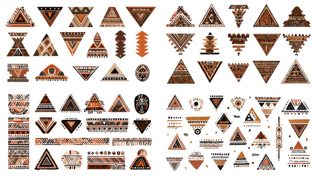 Bold tribal geometric patterns with triangular shapes in earthy tones, inspired by traditional indigenous and ethnic designs for decorative and textile use.