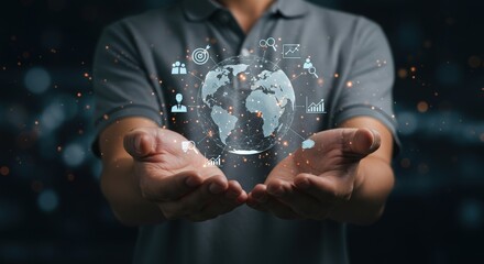 Man holding a digital globe with interconnected people and icons
