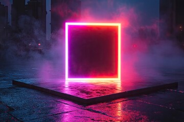 Neon Lit Rectangular Frame Cityscape Background