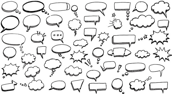 A playful assortment of black and white speech bubbles, perfect for comic art and representing dialogue or thoughts