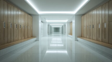 Fototapeta premium Bright Modern Hallway with Lockers: Clean Interior Architecture with Polished Floors and Recessed Lighting