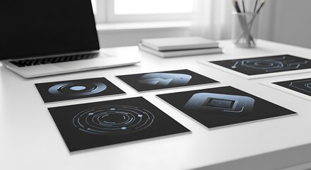 Modern designer showcases innovative digital concepts on desk with laptop and blueprints