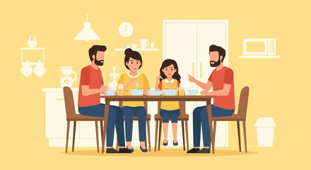 Cheerful Family Enjoying Meal Together At Dining Table In A Cozy Home