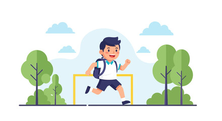 Cheerful Student Running to School Vector Illustration with Flat Design Style