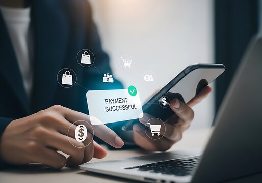 Person using a smartphone with digital shopping icons and currency symbols overlayed