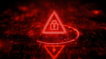 A striking red triangular warning sign featuring a padlock, symbolizing cybersecurity and data protection.
