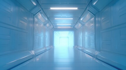 Futuristic Blue Tunnel with Light, Sci-Fi Corridor, Modern Interior Design, Technology Concept