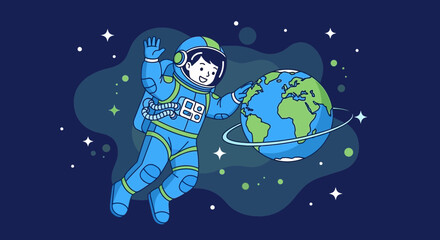Naklejka premium Child Astronaut Touching Earth Planet Floating in Space Exploration Vector Illustration