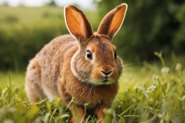 Fototapeta premium Alert brown rabbit with long ears in a grassy field, looking forward