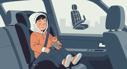 Child safety and vehicle travel showing a young child safely secured in car seat