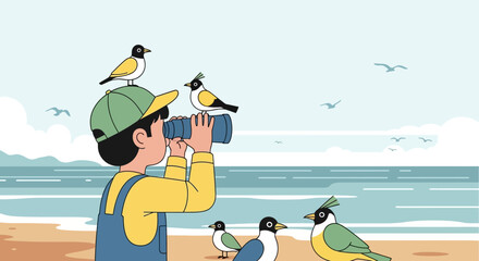 Childhood explorations: Boy with binoculars watching birds at the beach scene graphic