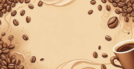 Obraz premium Coffee beans and cup create a rustic background in a warm coffee-themed setting perfect for beverage enthusiasts