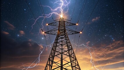 Power transmission lines with lightning strikes energy electricity electrical storm high voltage tower