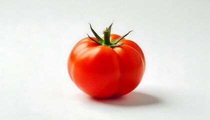 Bright red tomato with green leaves on top placed against a plain white background showcasing its vibrant color and freshness, created with generative ai