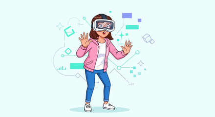 Cartoon woman experiencing virtual reality with headset and surprised expression on her face with digital background