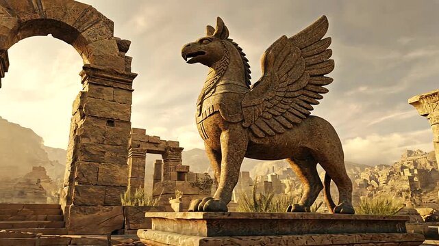 Majestic stone griffin statue stands guard at ancient ruins under a dramatic sky