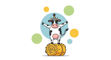 Celebration Cow On A Hay Bale Vector Illustration Design For Kid Invitations