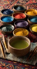 Colorful powdered dyes in small bowls, arranged on a patterned rug, with brushes
