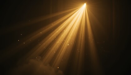 Golden rays of light piercing through darkness with floating dust particles creating a mystical