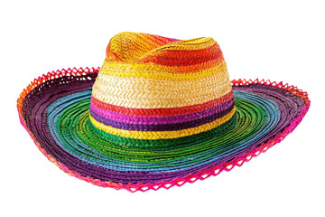 Colorful traditional Mexican sombrero hat with vibrant stripes displayed on a plain background, symbolizing culture and celebration