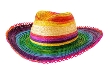 Colorful traditional Mexican sombrero hat with vibrant stripes displayed on a plain background, symbolizing culture and celebration
