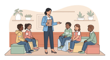 Dedicated teacher engaging with diverse students in a classroom setting illustration