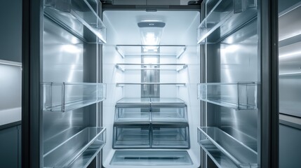 Fototapeta premium Empty Refrigerator with Shelves and Drawers Illuminated by Interior Lights Ready for Stocking Groceries