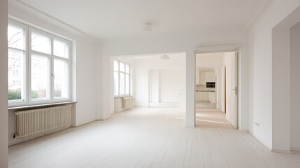 Fototapeta premium Bright, Spacious and Empty Apartment Interior with Natural Light, Ready for Renovation or New Occupancy