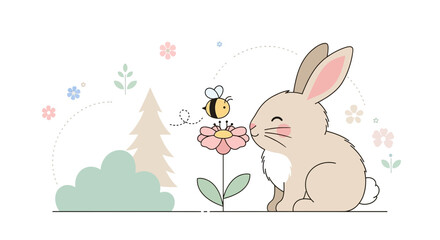 Charming illustration of a bunny with bee and flower in pastel colors for children