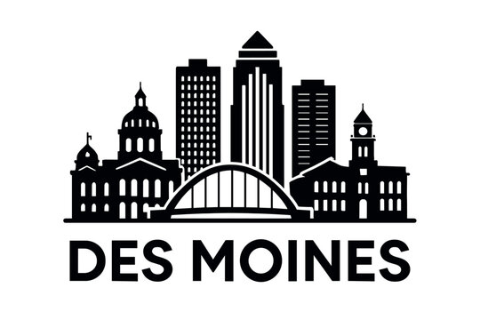 Des Moines city skyline with iconic buildings and landmarks
