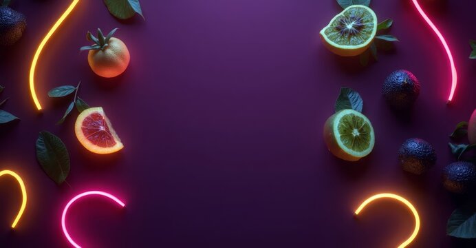 Creative arrangement of citrus fruits and neon lights on a vibrant surface during a modern design showcase