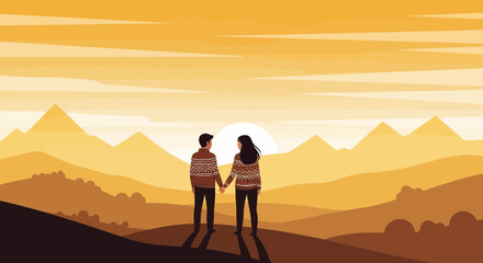 Couple Enjoying Mountain Scenery With Golden Sunset Love and Adventure