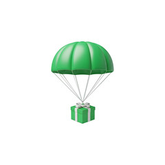 Obraz premium Green parachute delivering a green gift box with white ribbon present delivery
