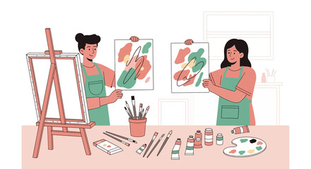Creative Collaboration Two Artists Showcase Abstract Paintings In Studio Session