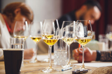 Blind wine tasting, Sommelier passes training for get the certification. Wine waiter school, winemaking lecture.