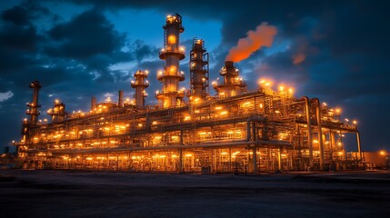 Naklejka premium Illuminated Industrial Complex at Night with Smoke