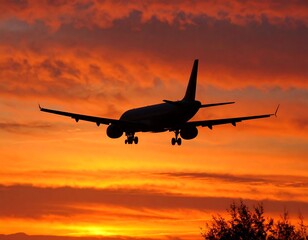 Fototapeta premium Silhouette of a jet descending during a vibrant sunset