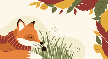 Obraz premium Cozy Autumn Nap: A Peaceful Fox Resting Among Fall Foliage and Grass