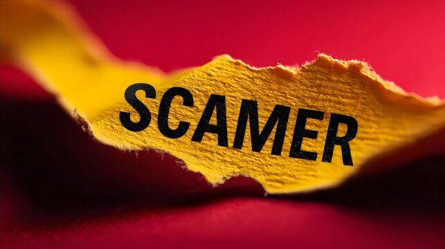 A torn yellow paper displaying the word 'SCAMMER' against a vibrant red background, conveying a sense of alertness and warning.