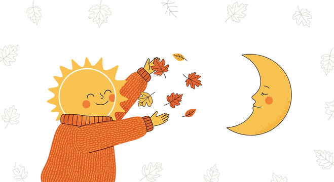 Cozy Autumnal Illustration Of The Sun And Moon Sharing Fall Foliage