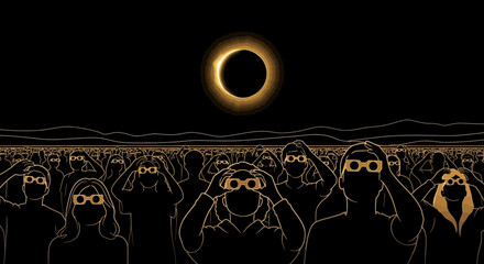Crowd Gazing At A Solar Eclipse Wearing Safety Glasses Drawn In Gold On Black