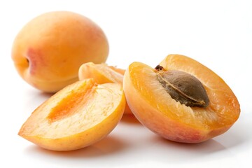 Close-Up of Fresh Whole and Halved Ripe Apricots on White Background

