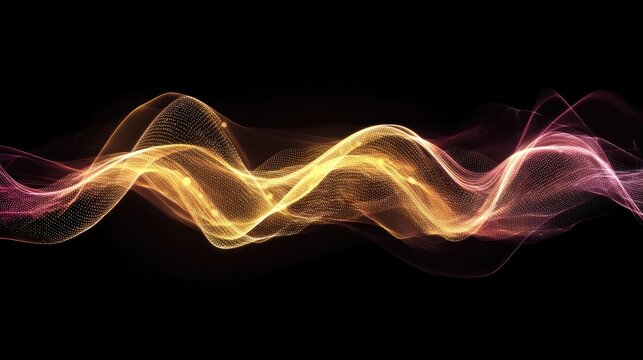 Abstract wave form with glowing particles.  A flowing, wavy pattern of golden-orange and pinkish-purple glowing particles against a black background
