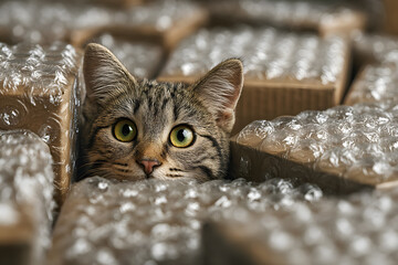 Curious Cat Hiding Among Cardboard Boxes and Bubble Wrap Packaging