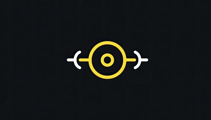 Simple yellow circle symbol, dark background.  A yellow circle with a central circle.  Two thin yellow lines extend outward creating a symmetrical design, on a dark navy background