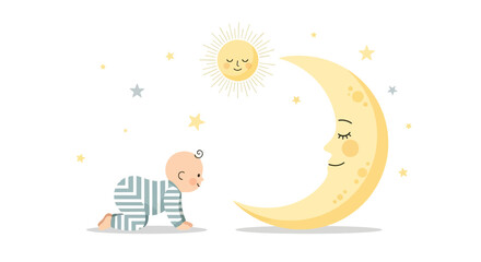 Cute baby crawling towards the moon and sun illustration on white background for kids room decoration and products